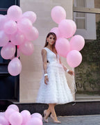 Rochie cununie civilă cu decolteu mâneci si volane