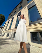 Rochie cununie civila cu mâneci lungi, decolteu cu perle, potrivită pentru cununie civilă, material semielastic.