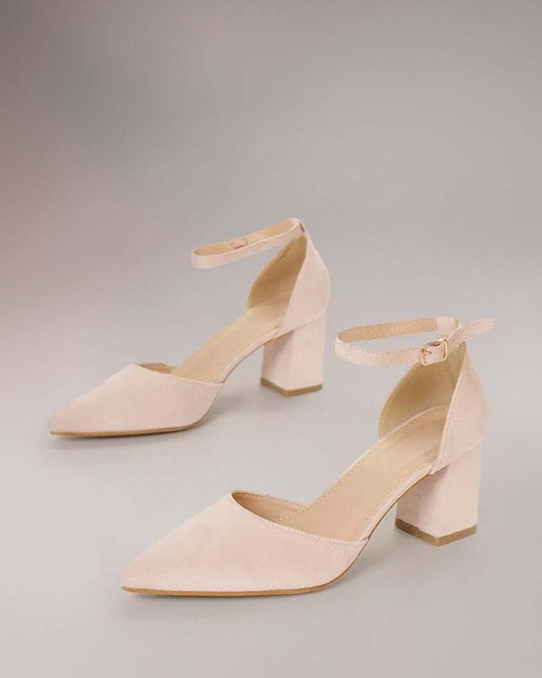Pantofi dama eleganti cu bareta roz din piele întoarsă ecologică, toc gros, vârf ascuțit.