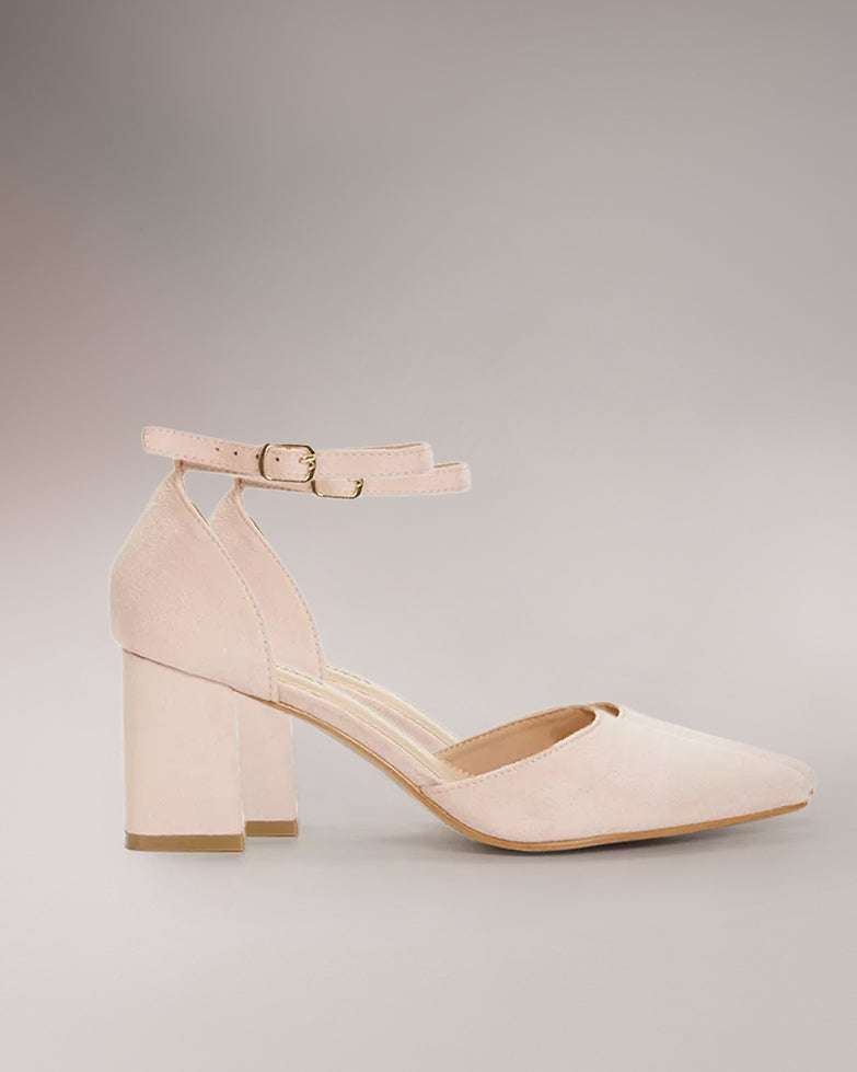 Pantofi dama eleganti cu bareta roz eco, vârf ascuțit, toc gros, accesoriu metalic.