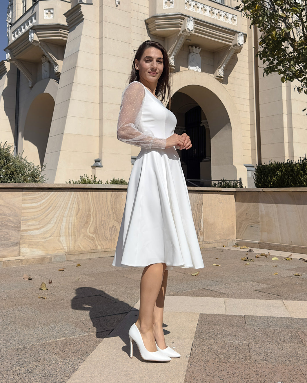 Rochie alba midi pentru petreceri, cununie civila