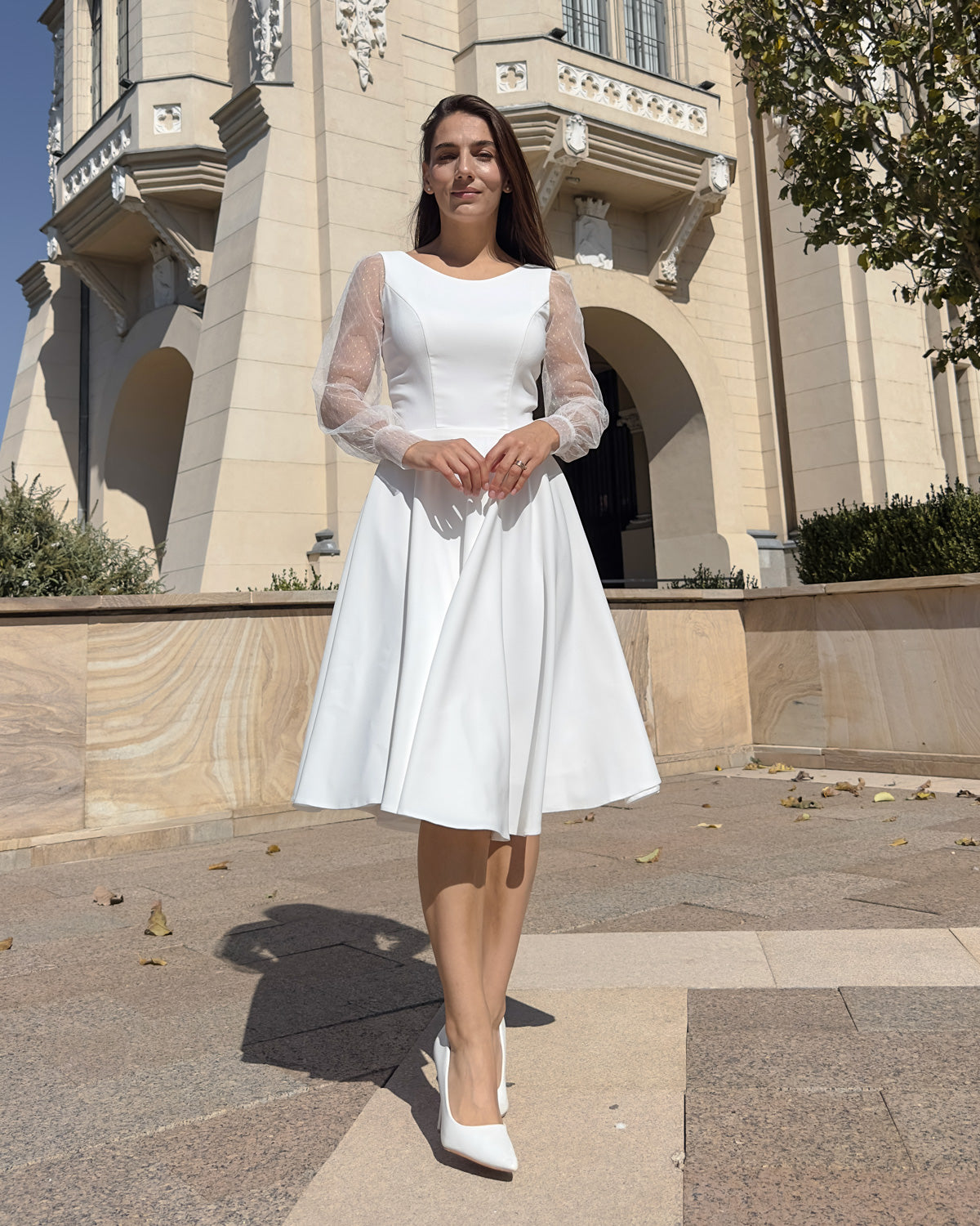 Rochie alba midi pentru petreceri, cununie civila