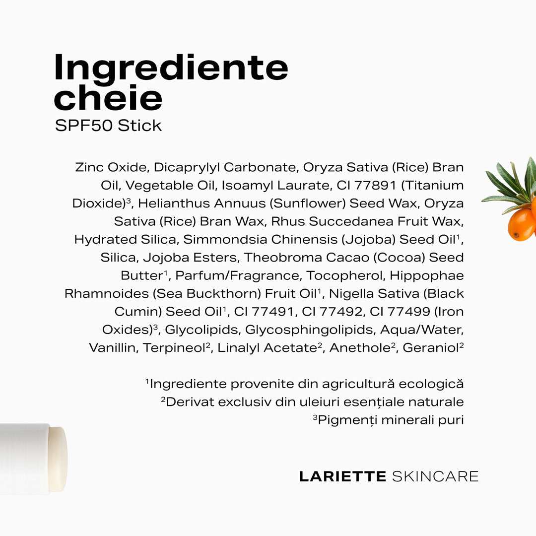 Ingrediente cheie SPF50 stick protectie solara filtre minerale Lariette Skincare
