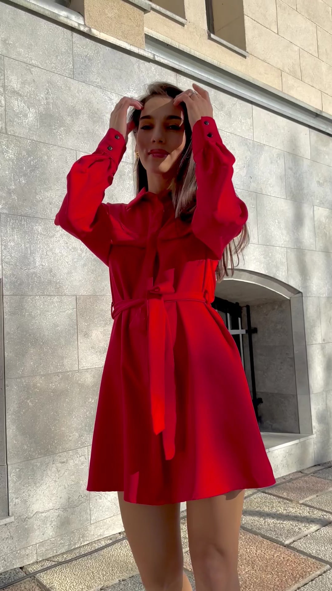 Bluza dama rosie lunga cu centura si buzunare, croi drept Lariette