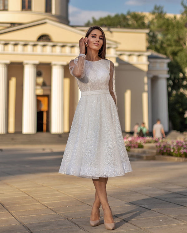 Rochie alba cununie civilă strălucitoare lungime midi