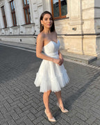 Rochie de ocazie alba scurta din dantela cu corset - BELLADRESS