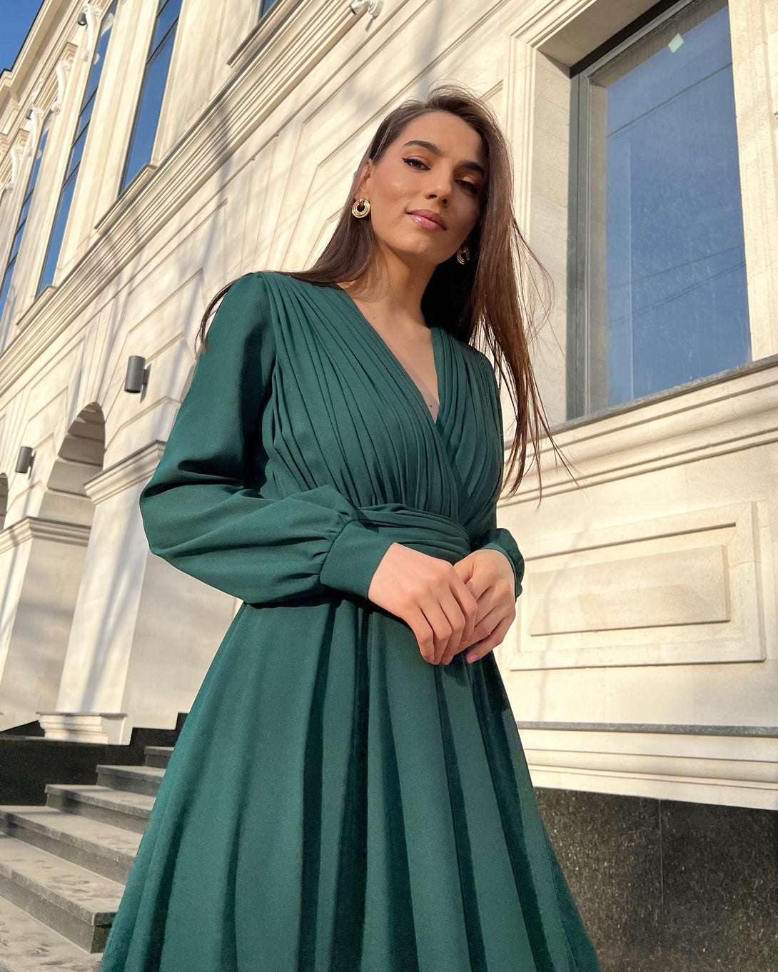 Rochie eleganta de seara lunga din voal verde - BELLADRESS