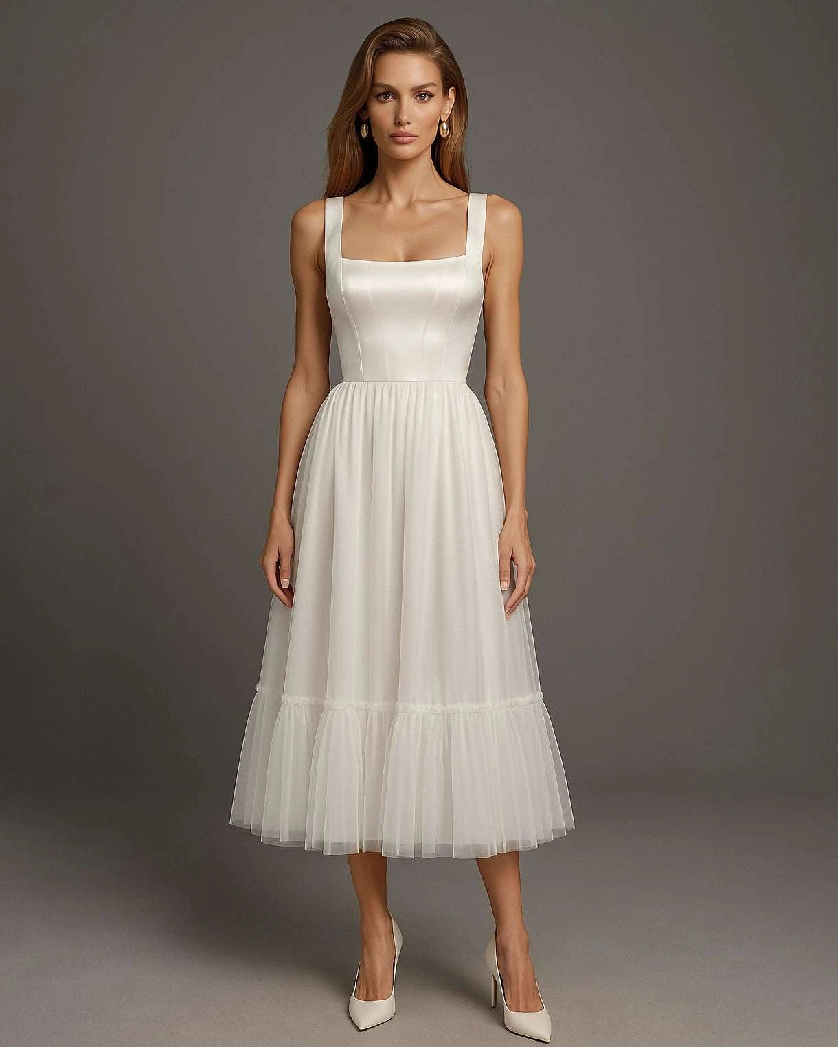 Rochie cununie civila elegantă midi, rafinată, pentru ziua ta specială