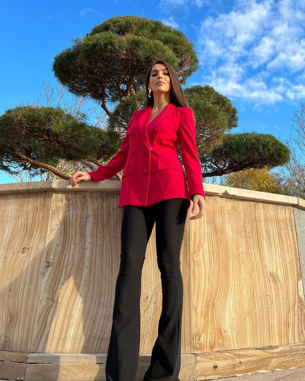 Sacou dama fucsia cu două rânduri de nasturi, stil cambrat, lung, guler în V, mâneci lungi.